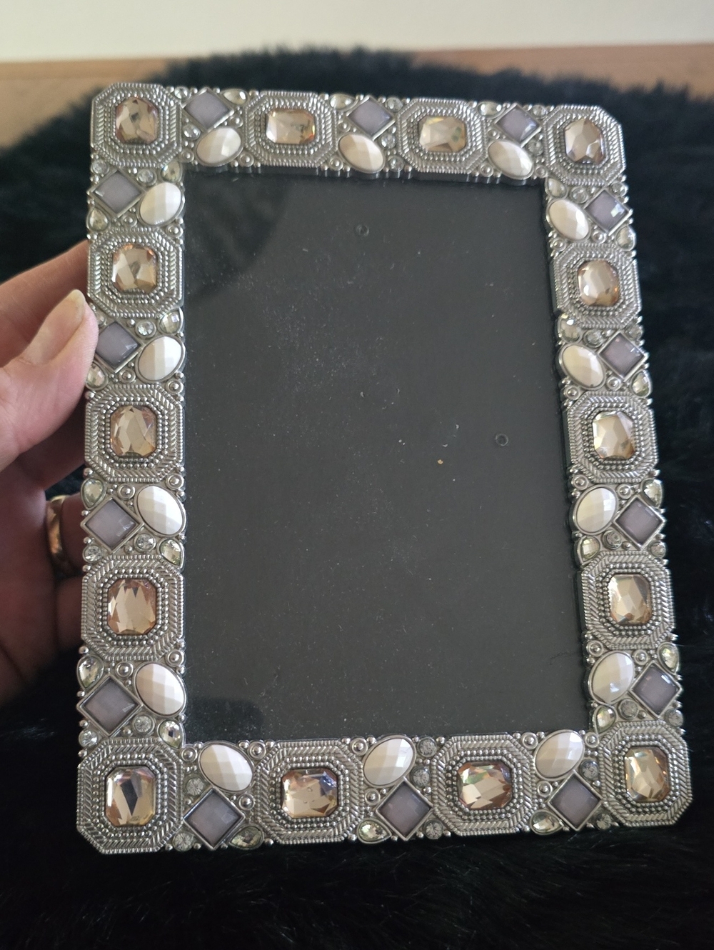 Bejeweled Decorative Photo Frame in Silver with Champagne Gems